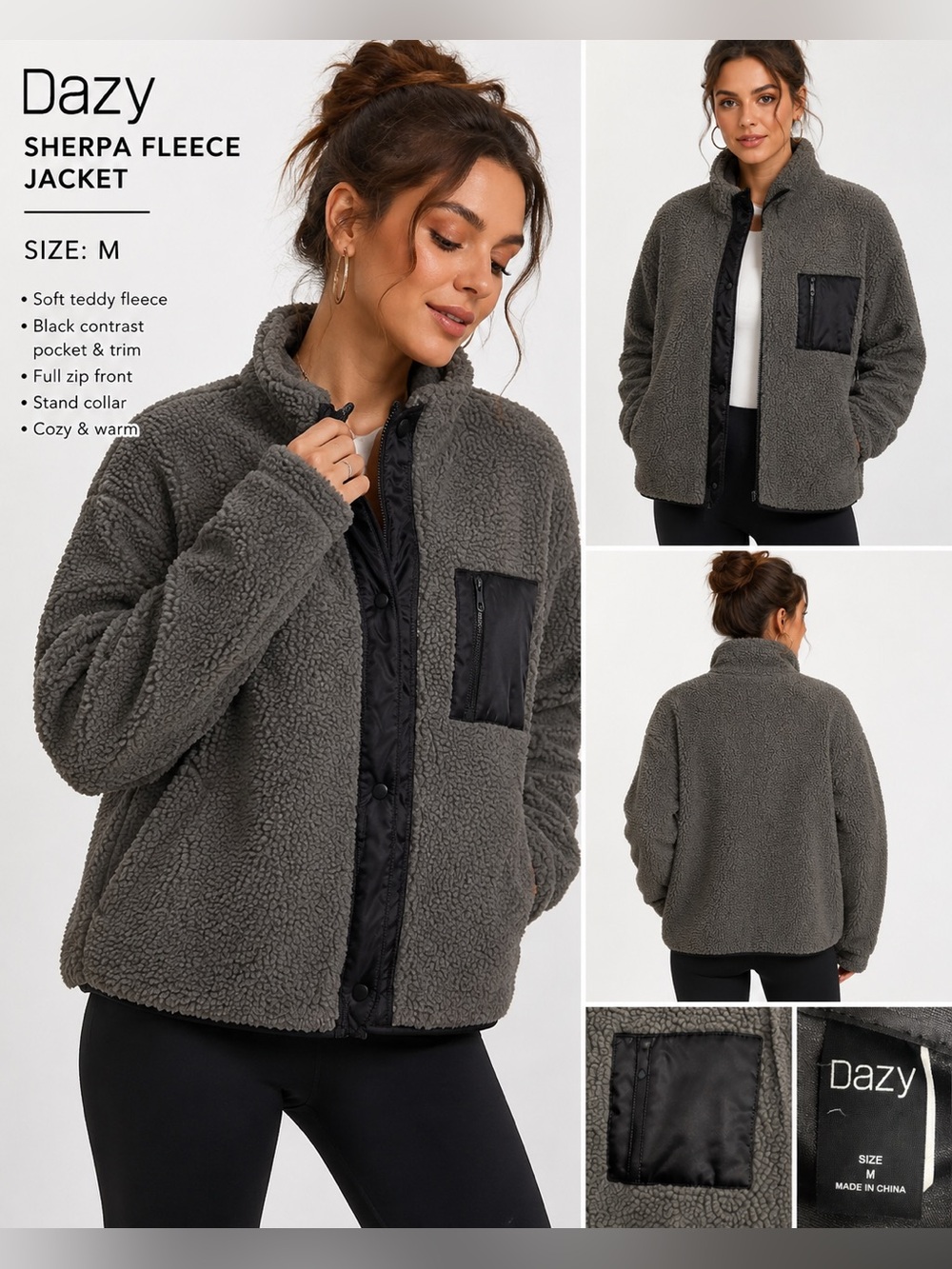 Dazy Sherpa Fleece Jacket – Gray & Black Contrast‎ Pocket – Size M